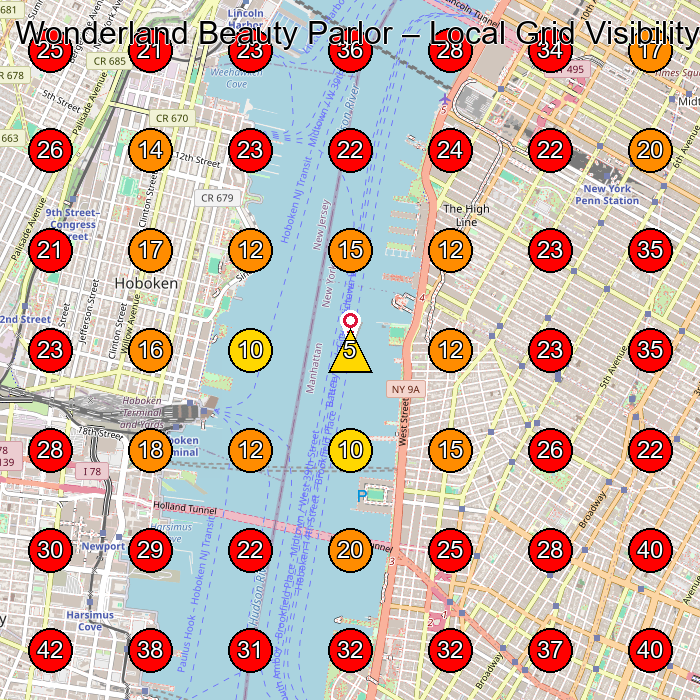 Wonderland Beauty Parlor GeoGrid visibility map for Beauty Salon in New York